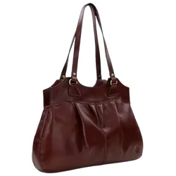 A brown leather tote bag with two shoulder straps and pleated detailing.