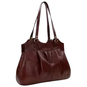 A brown leather tote bag with two shoulder straps and pleated detailing.