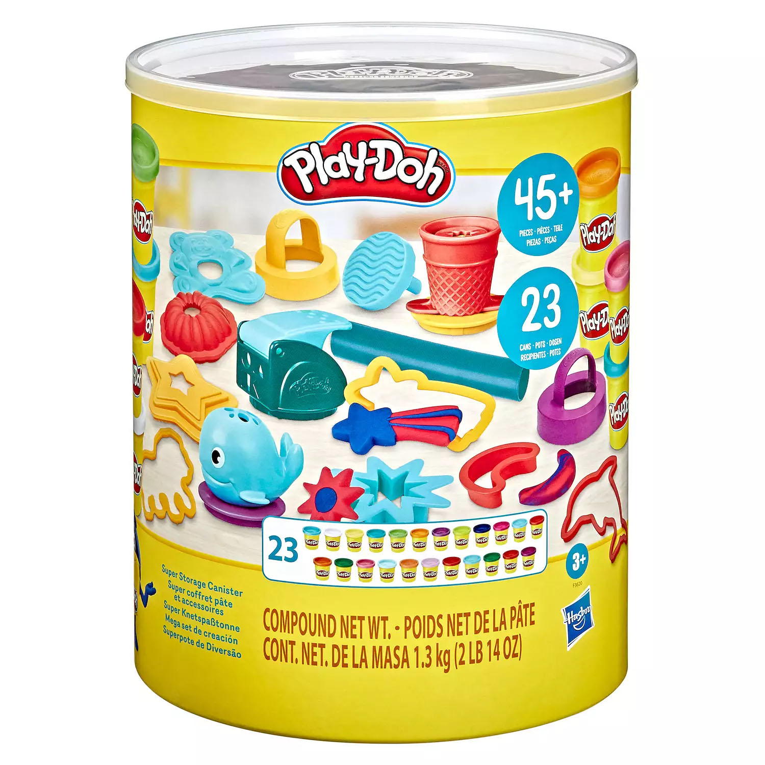 Play-Doh Super Storage Canister includes 45+ pieces and 23 cans of Play-Doh in various colors. It's a creative set with tools like rollers, cutters, and molds designed for children aged 3 and up, providing hours of imaginative play.