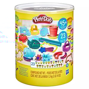 Play-Doh Super Storage Canister includes 45+ pieces and 23 cans of Play-Doh in various colors. It's a creative set with tools like rollers, cutters, and molds designed for children aged 3 and up, providing hours of imaginative play.