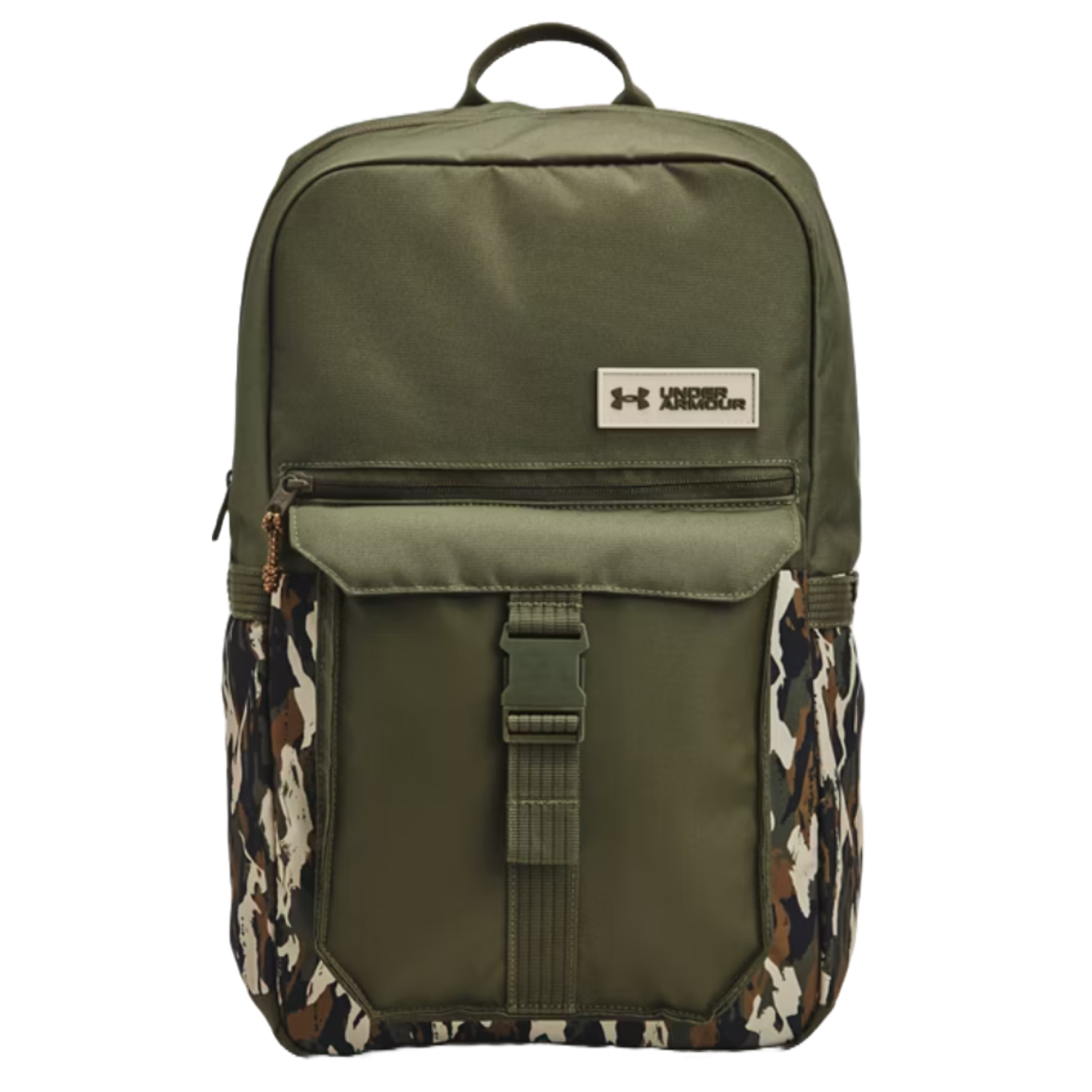 Green Under Armour Triumph Campus Backpack with camo accents, featuring a front flap pocket, zipper closure, and side pockets.