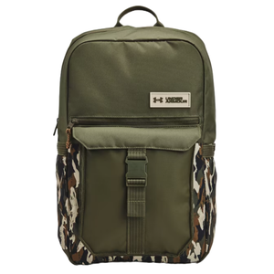 Green Under Armour Triumph Campus Backpack with camo accents, featuring a front flap pocket, zipper closure, and side pockets.