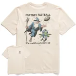 A cream-colored T-shirt featuring a wizard conjuring a flying football with the text \“FANTASY FOOTBALL\“ and \“It's real if you believe it!\“ A small character in football gear with wings is also depicted. The front has \“LIFE IS GOOD\“ printed on the chest.