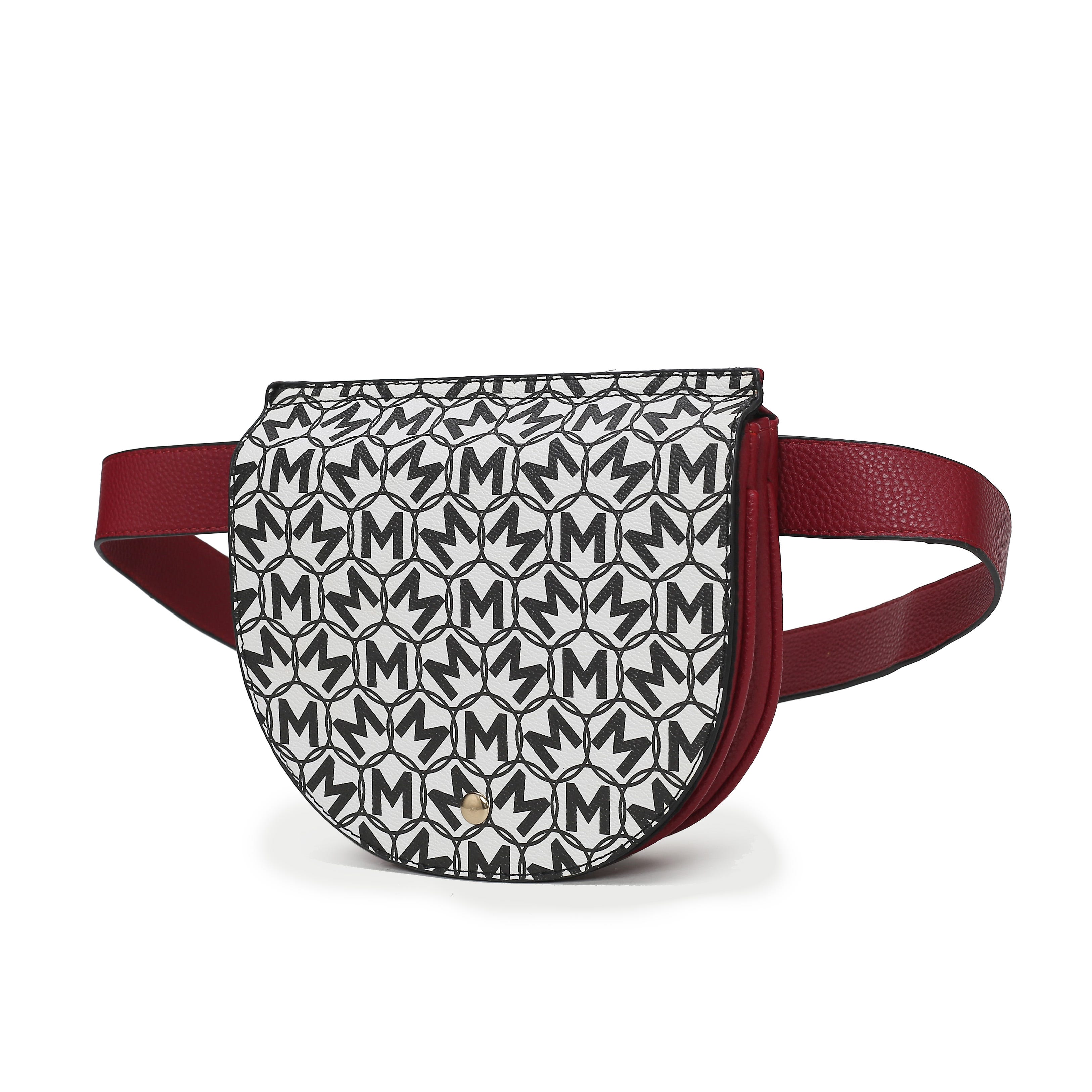 A waist bag with a patterned black and white flap featuring an \“M\“ design and red leather strap.