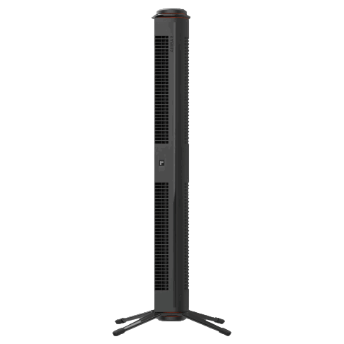 Tall, sleek black tower fan with multiple vertical vents and a sturdy base for stability.