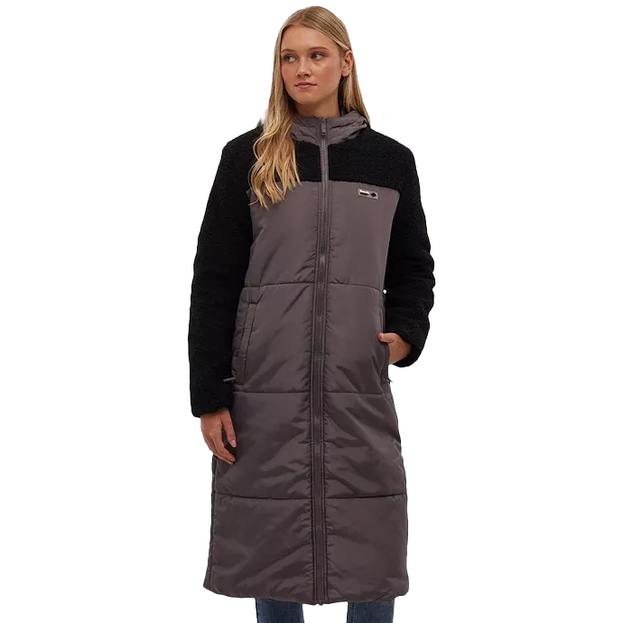 A long, padded midi parka with a quilted design in gray and black. It features a high collar, zip closure, and textured sleeves for added warmth.