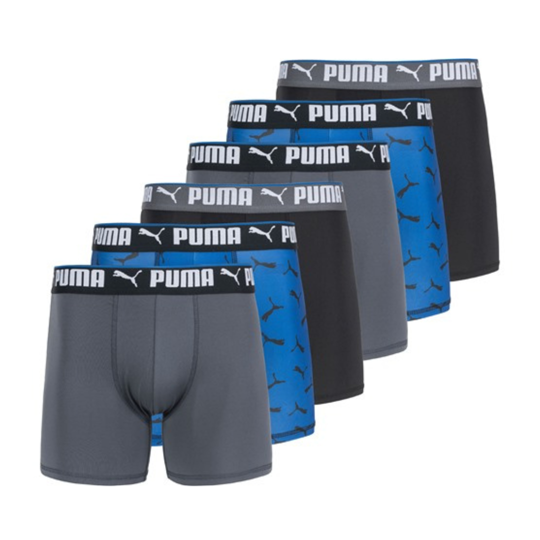 A set of six men's PUMA boxer briefs in various shades of gray, blue, and black, each featuring a branded waistband with the logo.