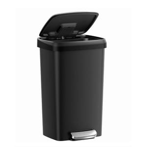The 12-Gallon Kitchen Trash Can is a sleek, black rectangular bin with a foot pedal for hands-free operation. It features a soft-close lid, making it convenient and functional for kitchen waste disposal.