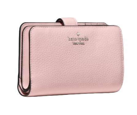 A pink leather wallet with a pebbled texture, featuring the \“kate spade new york\“ logo embossed on the front.
