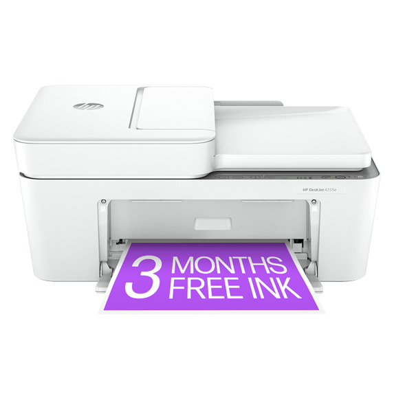 HP DeskJet 2755e printer with an offer of 3 months of free ink, featuring a white design and a paper tray visible in the front.