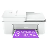 HP DeskJet 2755e printer with an offer of 3 months of free ink, featuring a white design and a paper tray visible in the front.