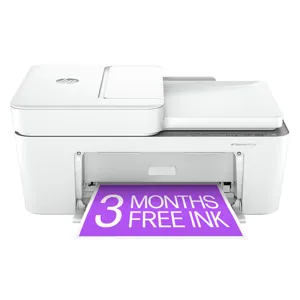 HP DeskJet 2755e printer with an offer of 3 months of free ink, featuring a white design and a paper tray visible in the front.