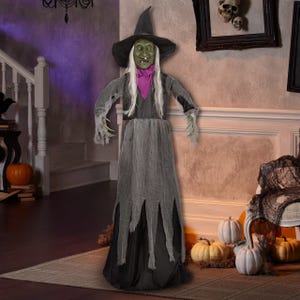 A witch decoration with a green face, black hat, and gray robes surrounded by Halloween pumpkins and decor.