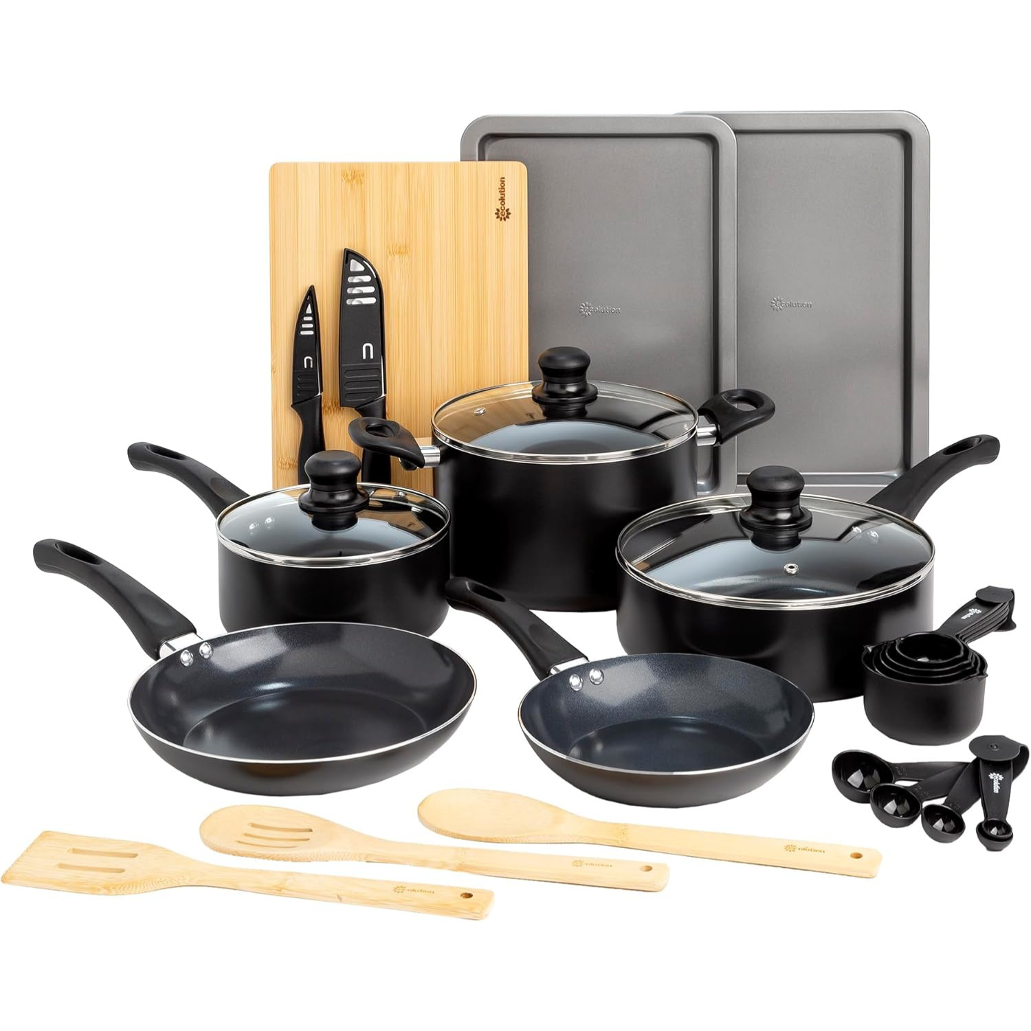 The Ecolution Nonstick Cookware Set includes three pots with lids, two frying pans, two baking sheets, two knives with a bamboo cutting board, three wooden utensils, and five measuring spoons.