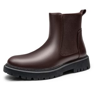 Brown Chelsea boots with a smooth finish, featuring stretchy side panels and a thick black sole with grip tread.