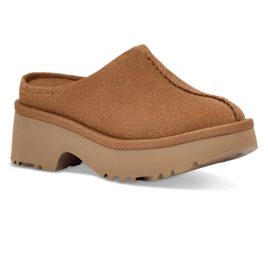 The UGG New Heights Clogs are brown slip-on shoes with a suede upper and a chunky platform sole featuring a rugged tread.