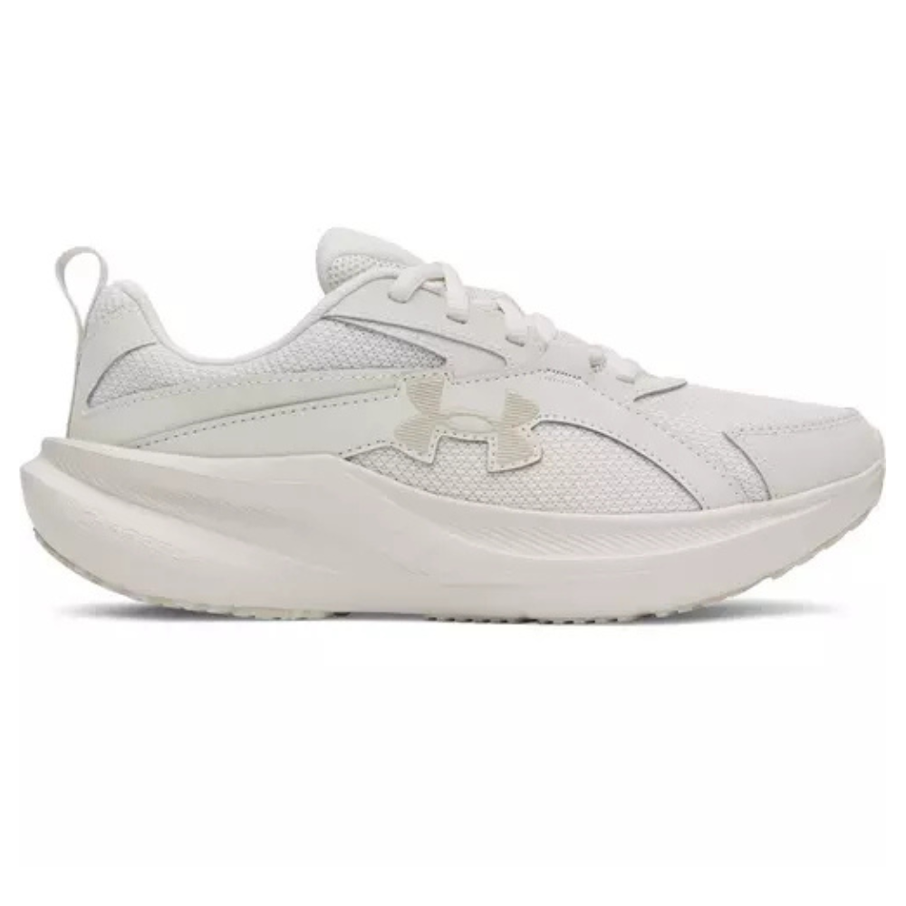 White athletic sneaker featuring a mesh and synthetic upper with a logo on the side, designed for comfort and support.