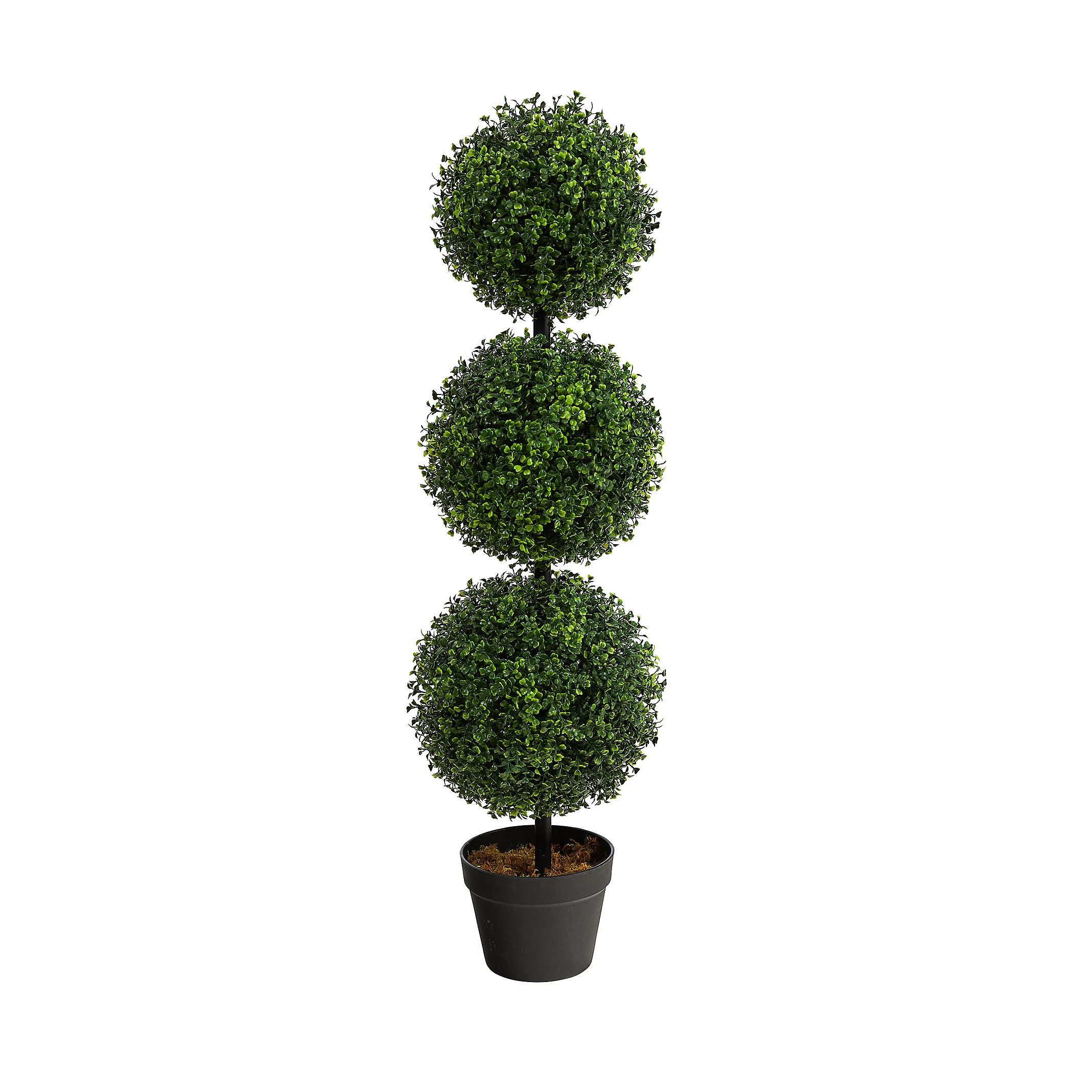A 3-foot artificial boxwood topiary with three neatly arranged spherical clusters of green leaves on a vertical stem, set in a small black pot.