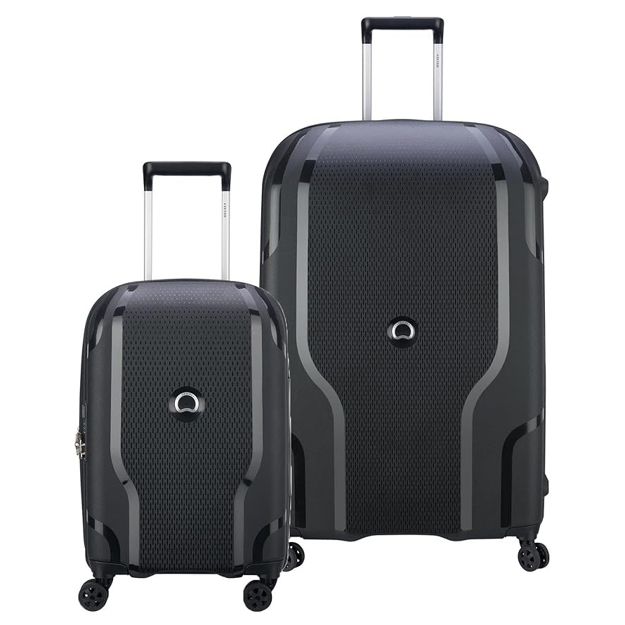 Two hard-shell suitcases with four wheels, featuring a sleek gray design and telescopic handles.