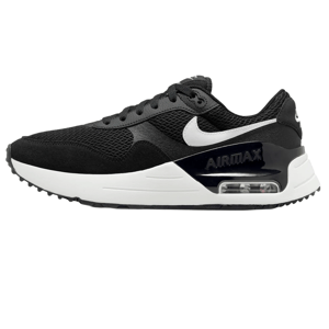 Black and white Nike Air Max sneakers with a visible air cushion in the heel and a textured upper.