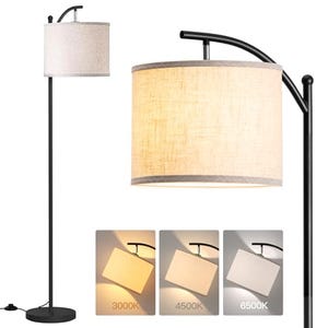 Floor lamp with a curved stand and a fabric drum shade, featuring three color temperature modes: warm white (3000K), neutral white (4500K), and daylight (6500K).
