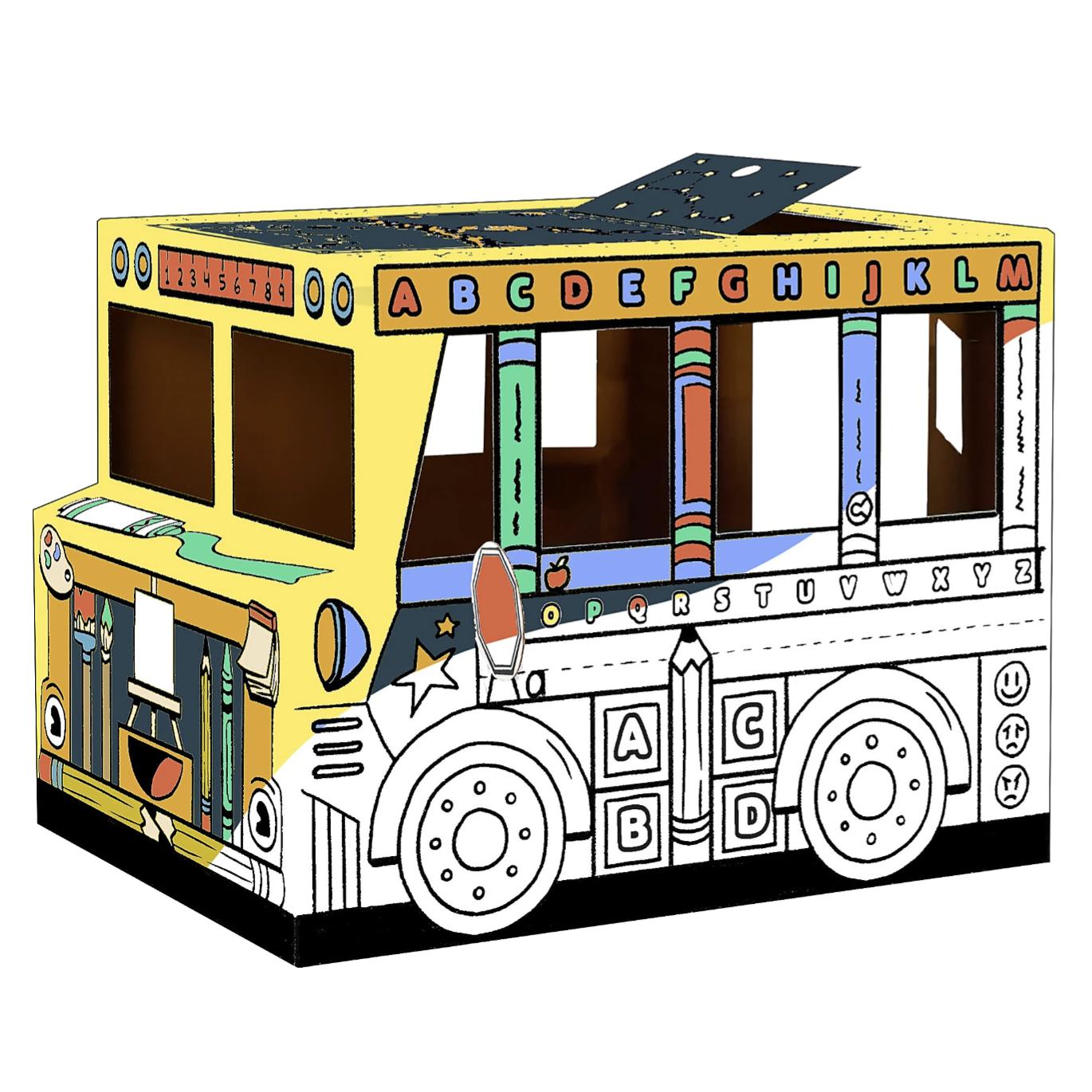Cardboard play bus featuring colorful alphabet and number designs, incorporating educational elements such as letters and numbers.