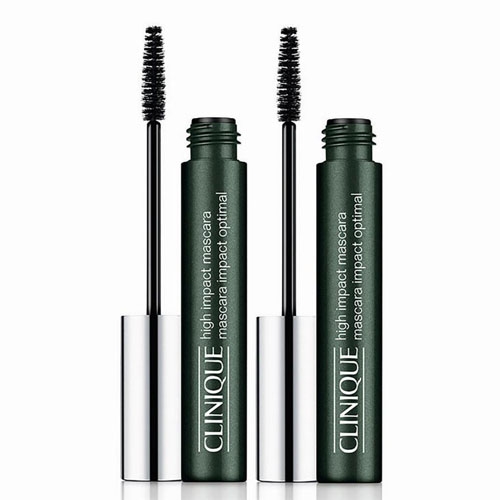 Two Clinique High-Impact Mascara tubes with the brand name and product details in white on dark green packaging, featuring black mascara wands.
