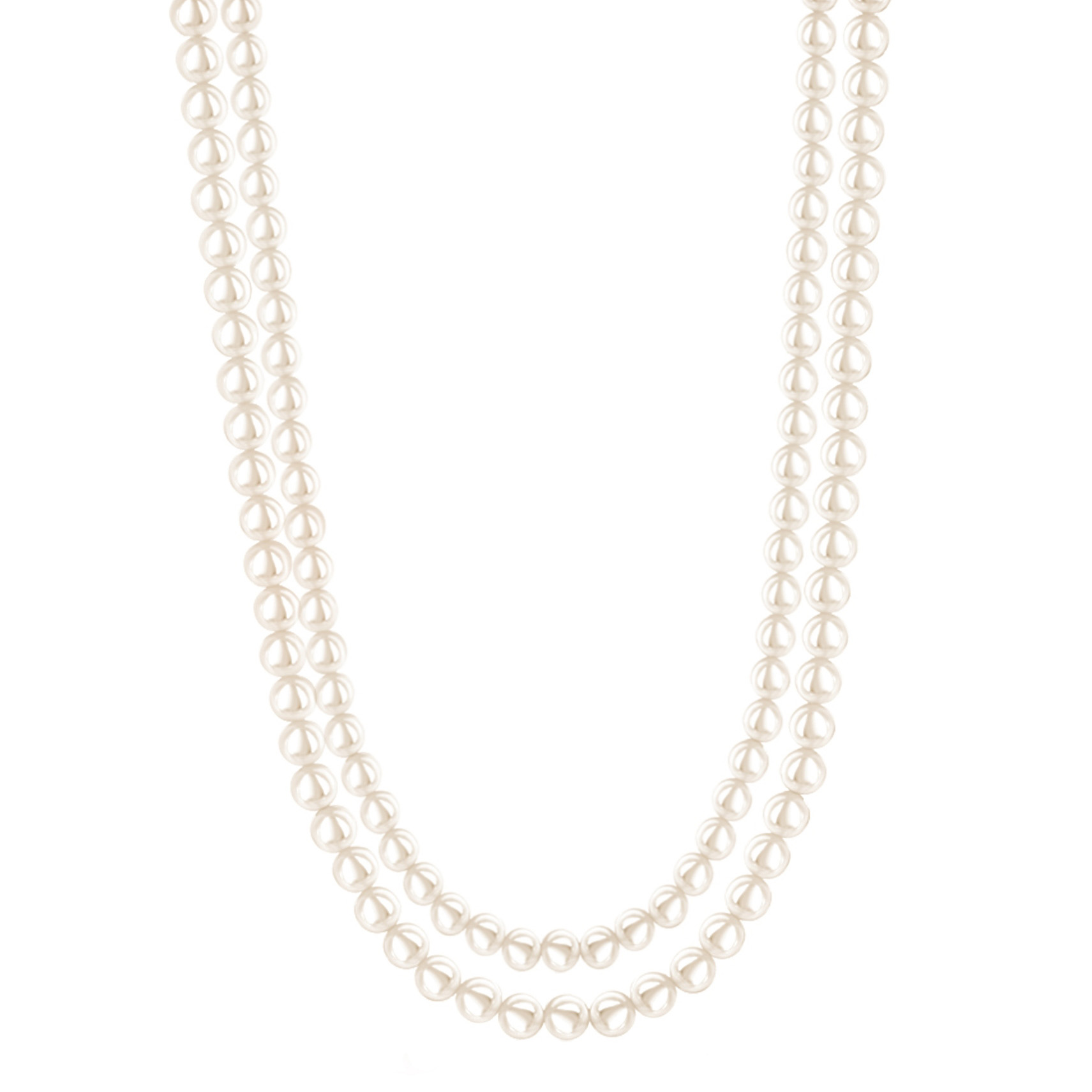 A double-strand shell pearl necklace featuring round, uniformly shaped white pearls with a smooth, polished finish.