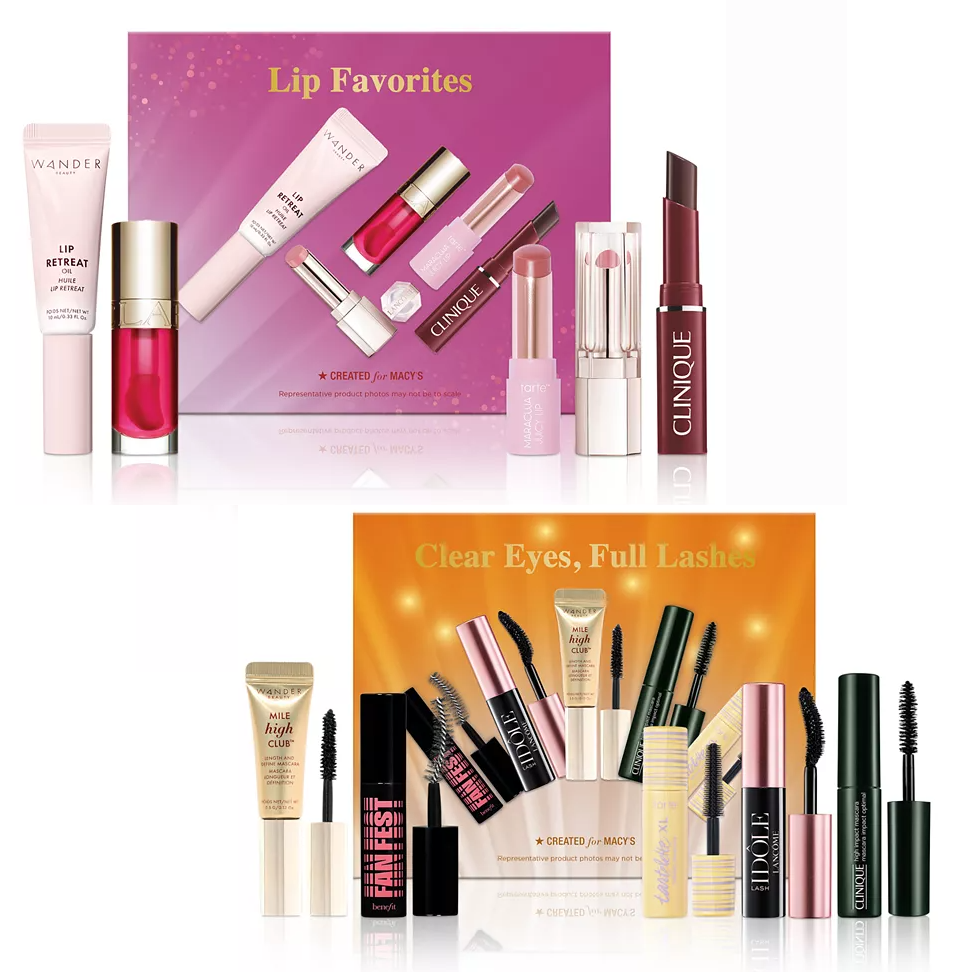 Top set includes various lip products like glosses and lipsticks; bottom set features assorted mascaras and an eyelash primer.