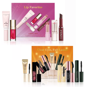 Top set includes various lip products like glosses and lipsticks; bottom set features assorted mascaras and an eyelash primer.