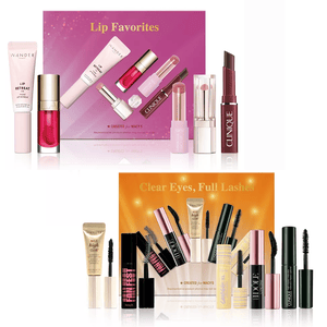 Top set includes various lip products like glosses and lipsticks; bottom set features assorted mascaras and an eyelash primer.