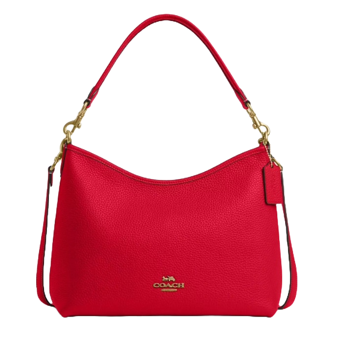 A red Coach Laurel Shoulder Bag made of pebbled leather featuring gold-tone hardware, an adjustable strap, and a logo.