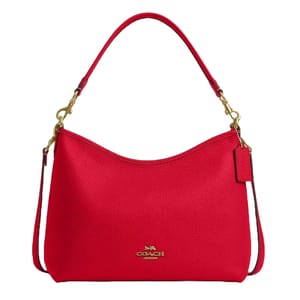 A red Coach Laurel Shoulder Bag made of pebbled leather featuring gold-tone hardware, an adjustable strap, and a logo.