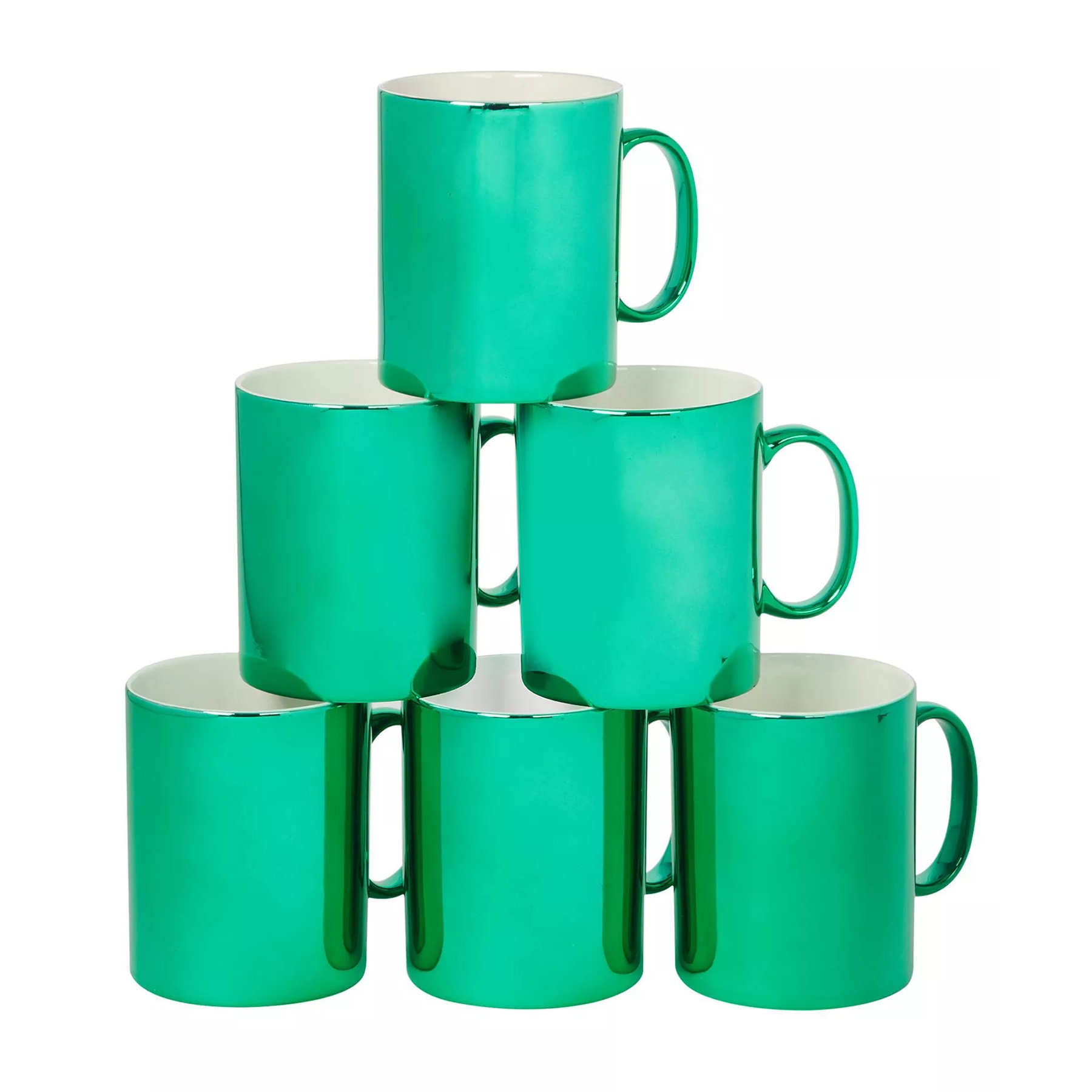 A set of six glossy green ceramic mugs stacked in a pyramid arrangement.
