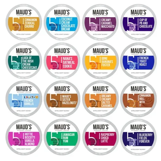Maud's coffee pod collection features various blends including Cinnamon Churro, Coconut Cream, Caramel Macchiato, PB and Chocolate, Irish Cream Cheesecake, Oatmeal Cookie, Banana Foster, and French Toast.