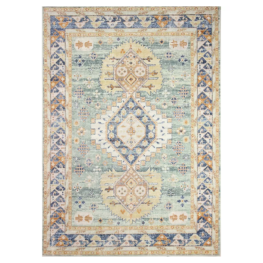 The Bashian 8' x 10' Lipara Area Rug features a vintage-style design with geometric patterns in muted tones of blue, yellow, and beige, bordered by intricate details.