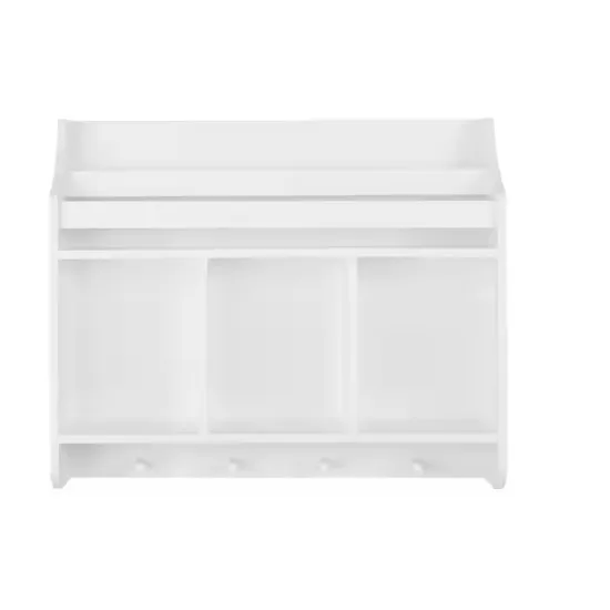 A tiered white wood wall bookshelf with three open compartments, a top shelf, and hooks at the bottom for hanging.