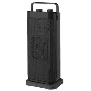 A black 16\“ oscillating ceramic space heater with a handle on top and two control knobs, featuring a sleek rectangular design and a mesh grille for heat distribution.