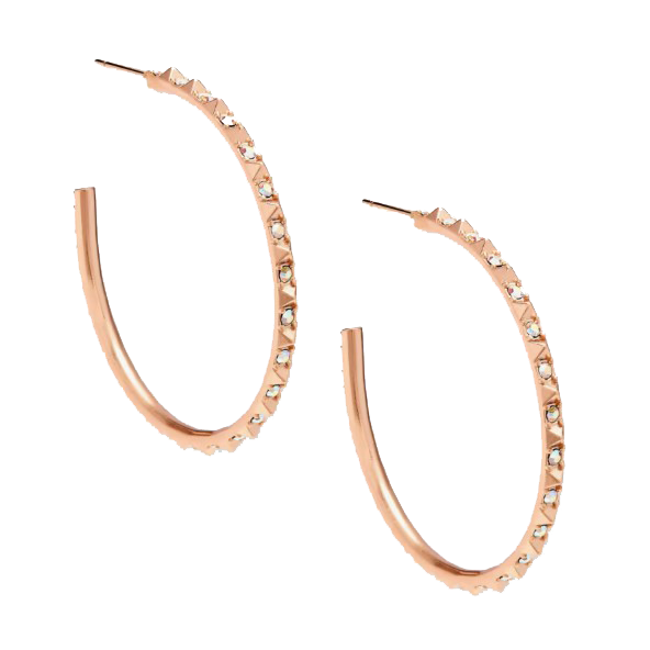 A pair of rose gold hoop earrings adorned with small crystals along the outer edge, featuring a studded textured design.