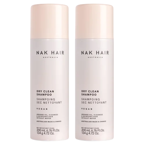 Two bottles of NAK Hair Australia Dry Clean Shampoo, 200 mL/6.76 fl. oz. each, labeled as vegan.
