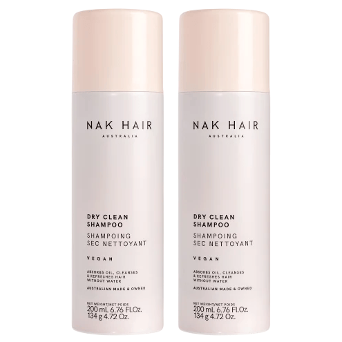Two bottles of NAK Hair Australia Dry Clean Shampoo, 200 mL/6.76 fl. oz. each, labeled as vegan.