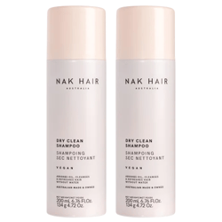 Two bottles of NAK Hair Australia Dry Clean Shampoo, 200 mL/6.76 fl. oz. each, labeled as vegan.