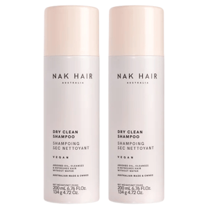Two bottles of NAK Hair Australia Dry Clean Shampoo, 200 mL/6.76 fl. oz. each, labeled as vegan.