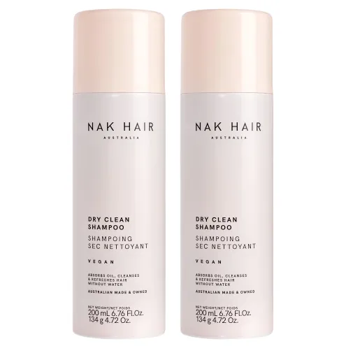 Two bottles of NAK Hair Australia Dry Clean Shampoo, 200 mL/6.76 fl. oz. each, labeled as vegan.