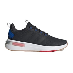 Adidas Racer TR23 Shoes feature a black mesh upper with three black stripes, a white midsole, and red and blue accents. They are designed for comfort and style with a sporty silhouette.