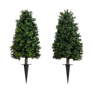 Set of two 30-inch faux boxwood plants with dense green foliage and pointed bases for easy placement.