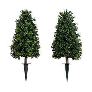 Set of two 30-inch faux boxwood plants with dense green foliage and pointed bases for easy placement.