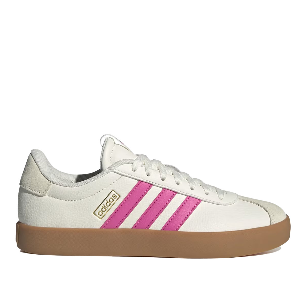 Adidas VL Court 3.0 sneakers feature a white upper with pink stripes, a lace-up design, and a gum rubber outsole. The design includes the Adidas logo in gold on the side.