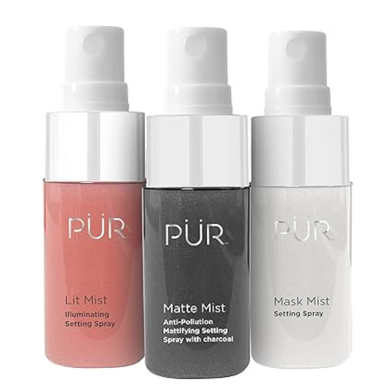 A 3-piece facial mist set from PÜR includes Lit Mist (Illuminating Setting Spray), Matte Mist (Anti-Pollution Mattifying Setting Spray with Charcoal), and Mask Mist (Setting Spray).