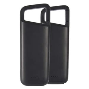 Two black mobile phone battery cases with an open-top design, featuring LED indicators at the bottom to show the charge level.